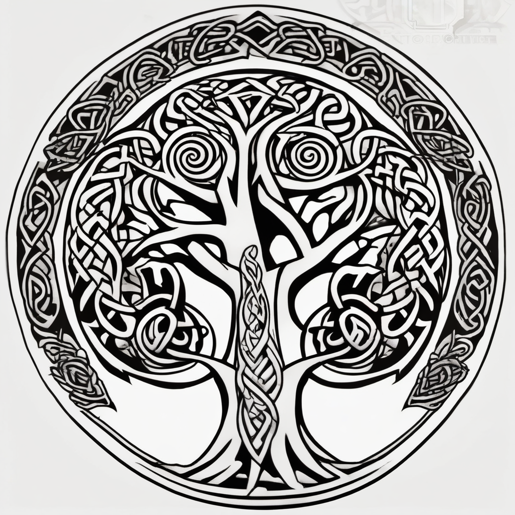 Irish shoulder tattoo, that is non-religious and has a Celtic tree and tribal ravens half sleeve tattoos for men, design de tatouage Cartoon généré par IA
